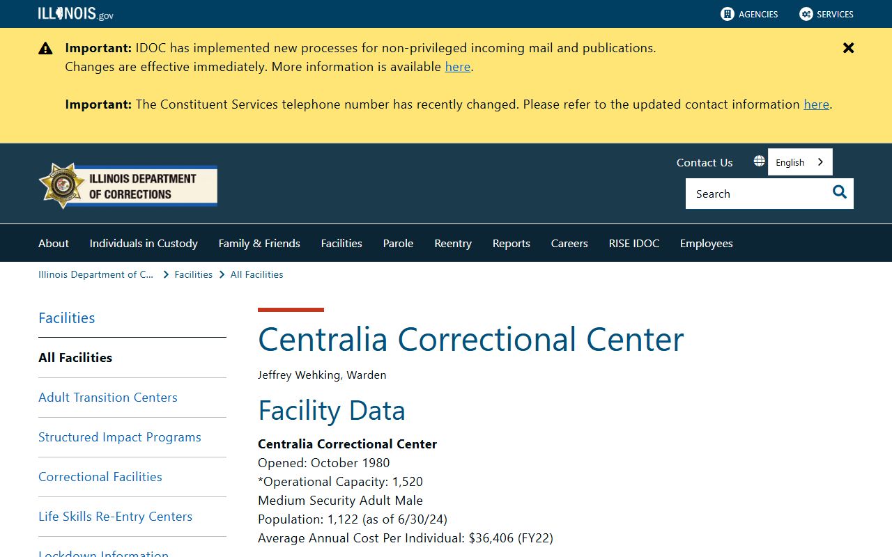 Centralia Correctional Center inmate records on the IDOC facility page